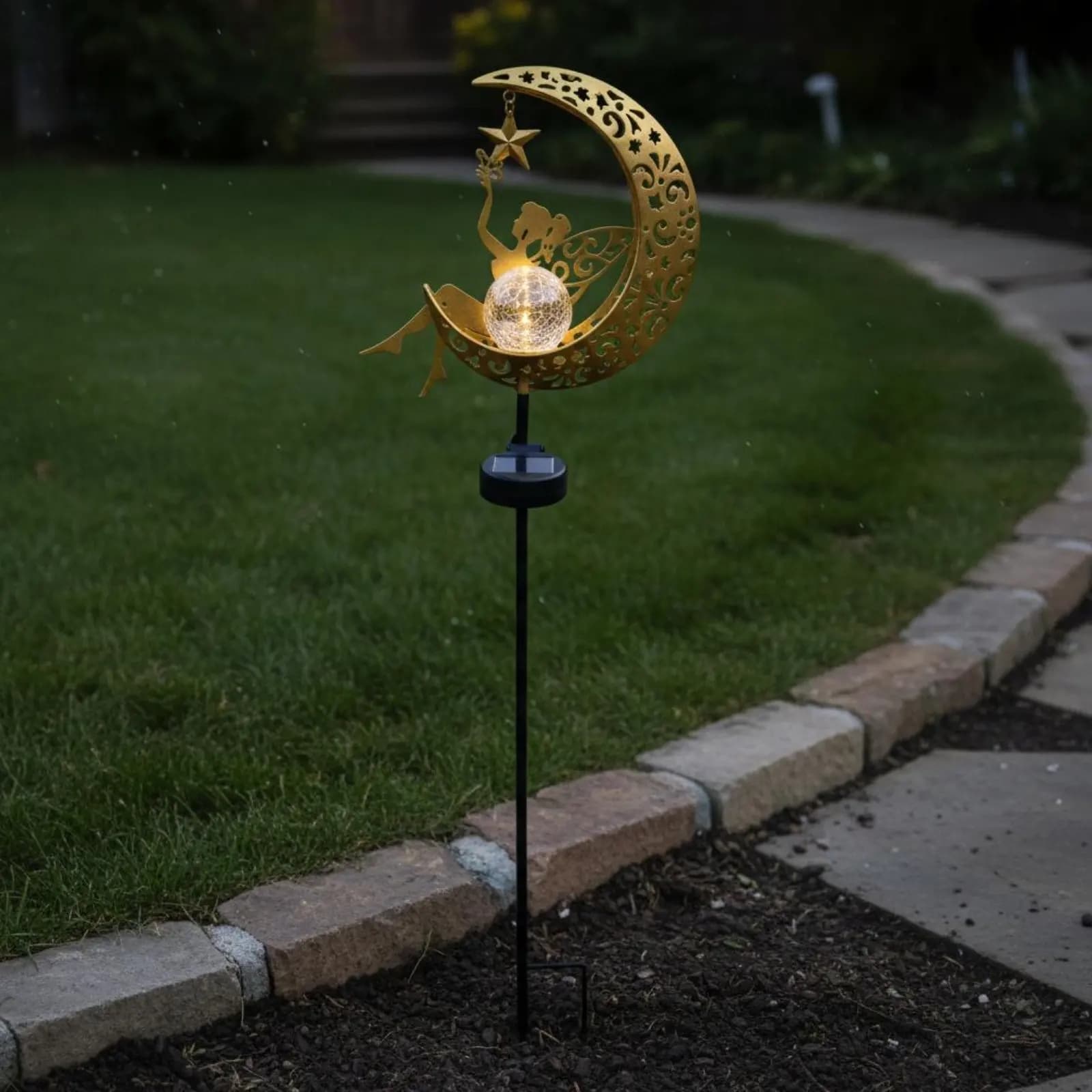 Lampada Solare Decorativa a Forma di Luna in Vetro Craquelé, Luce da Giardino Resistente alle Intemperie, Decorazione Esterna Impermeabile