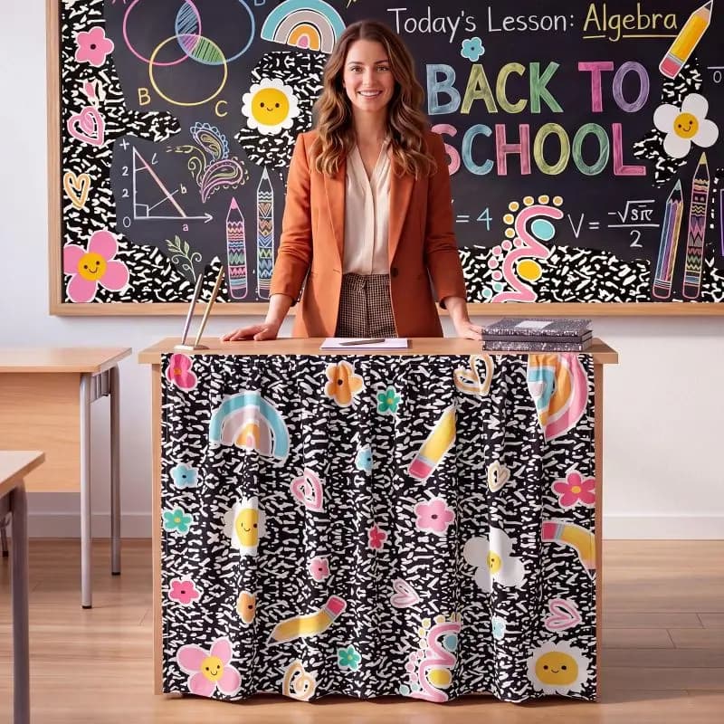 VIKAMA Back To School Cartoon Self Adhesive Cabinet Curtain No Drill Desk Skirt Under Sink Cover Classroom Kitchen Storage Decor