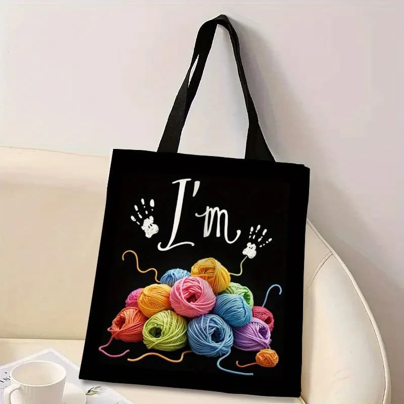 Women S Knitting Crochet Craft Tote Bag 2d Print Design with Yarn Balls Needles Tools Durable Canvas Casual Shoulder Bag