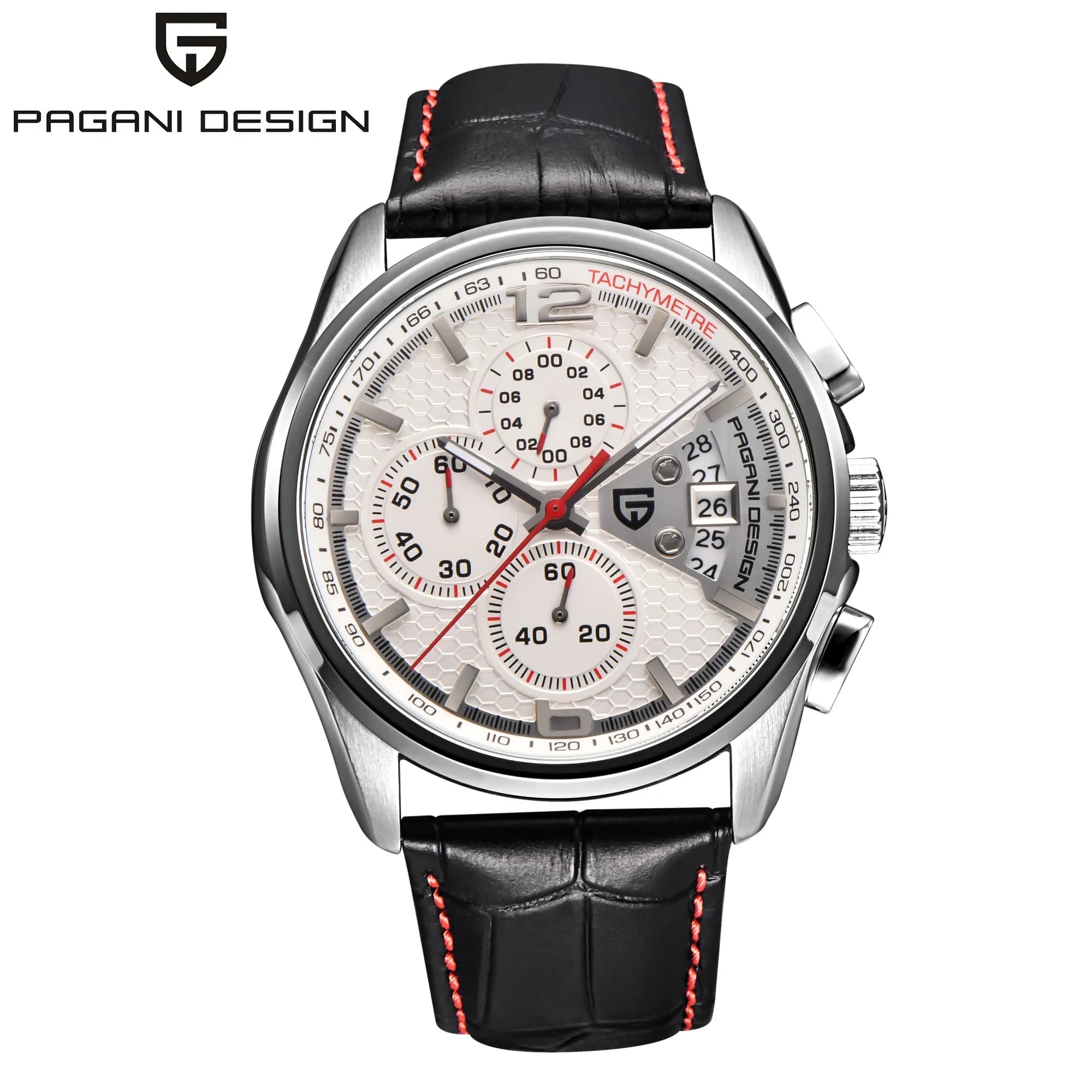Men's Watch Chronograph Pagani Design PD3306, Luxury Stainless Steel Case, Leather Strap, Quartz Watch with Hardlex dial and
