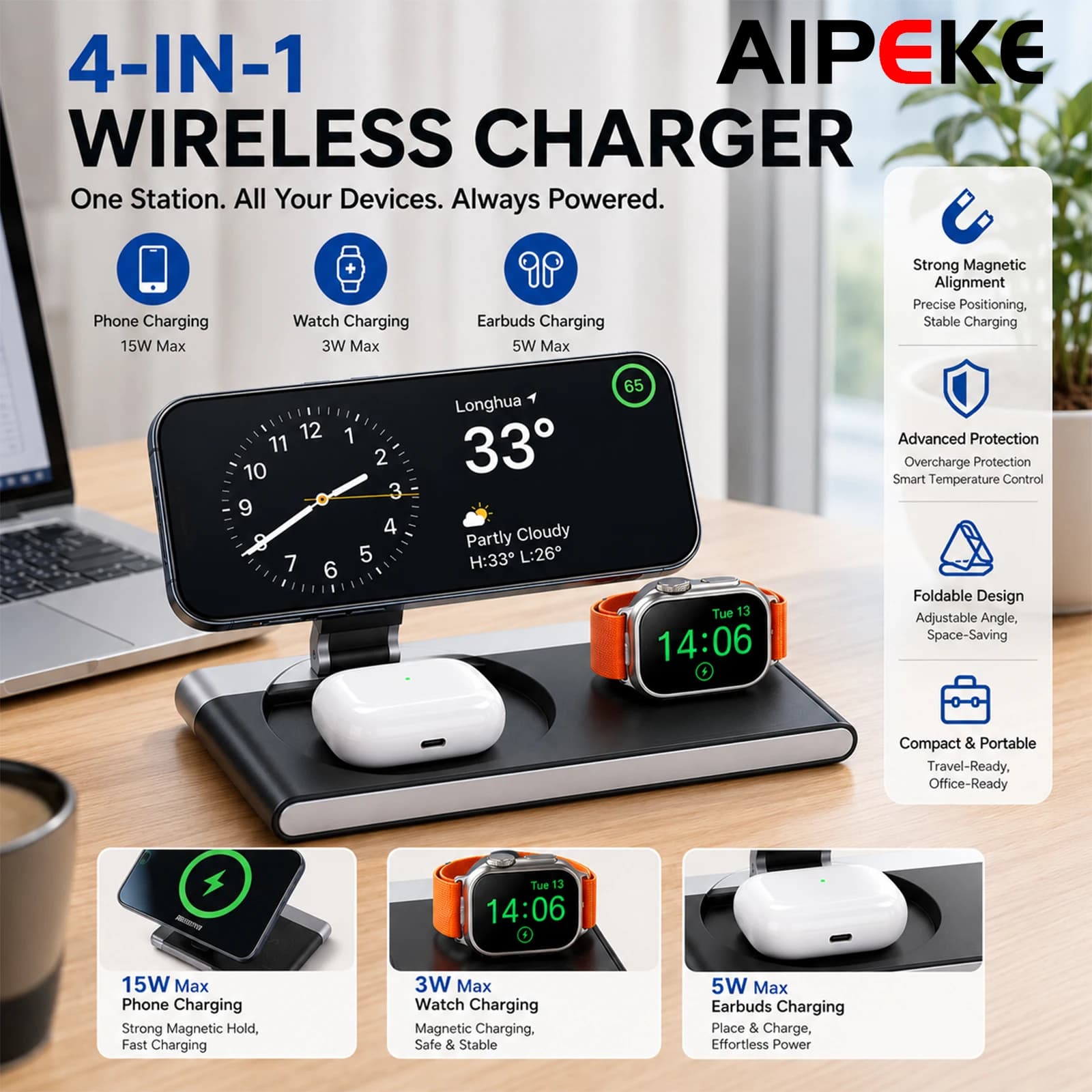 AIPEKE 4 in 1 Magsafe Wireless Charger Foldable Fast Charging Stand for Magnetic iPhone 17/16/15 Smartwatch 10/9 AirPods Pro