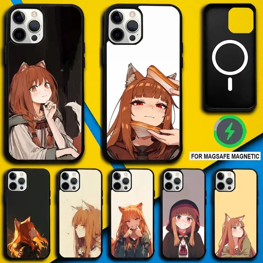 Custodia per telefono Anime S-Spice e Wolf per iPhone 16,15,14,13,12,11,Pro,Max,Plus,Mini,SE4,E Ricarica wireless magnetica Magsafe