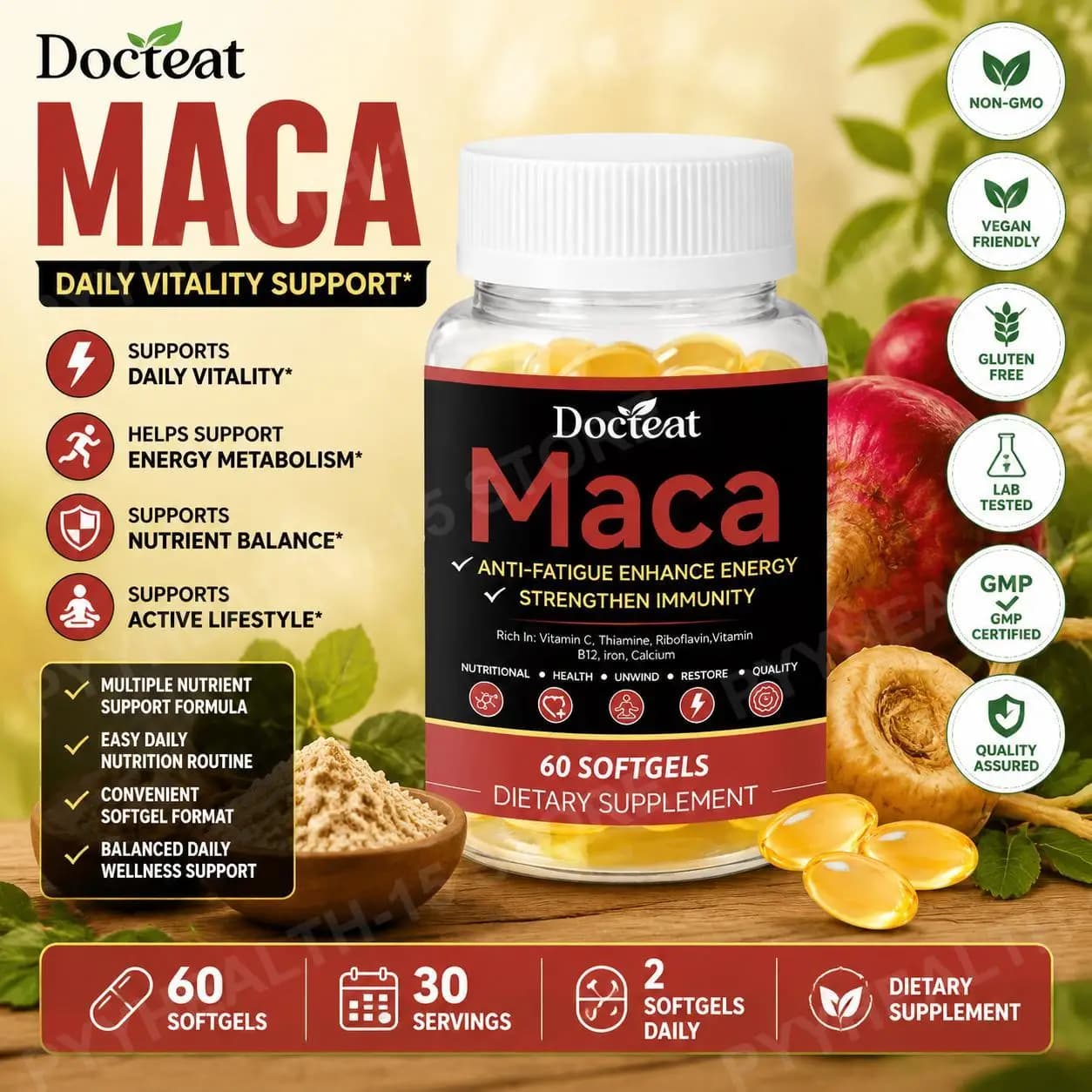 Docteat Maca Root Extract Softgels with Vitamins C B1 B2 B12, Calcium & Iron, 60 Count, Adult Daily Wellness Supplement Set