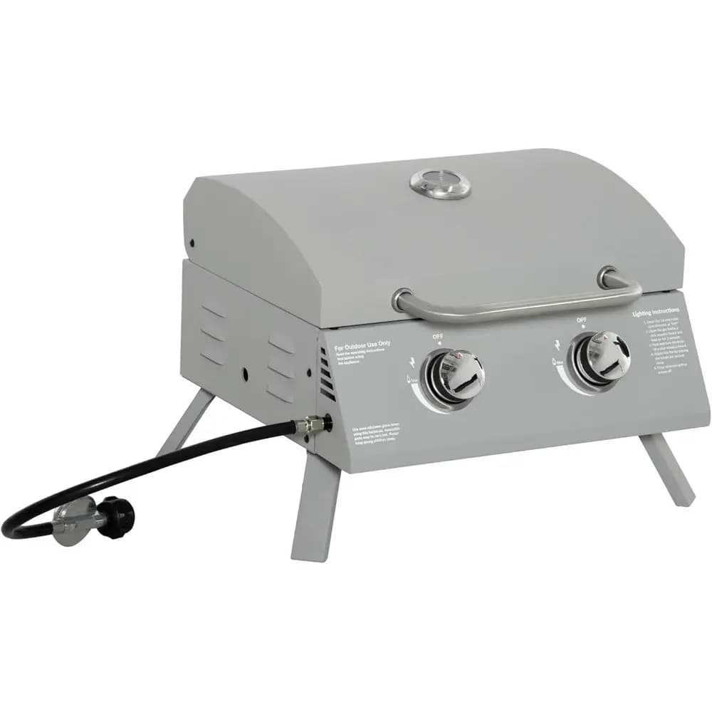 Barbecue a gas propano a 2 fuochi, portatile da tavolo, con gambe pieghevoli, coperchio, termometro, ideale per campeggio, picnic, giardino, leggero.