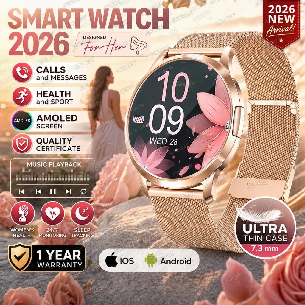 2026 New Fashion Smart Watch Women Always Display Voice Calling Message Health Sports Bracelet Ladies' Gift Music Digital Clock