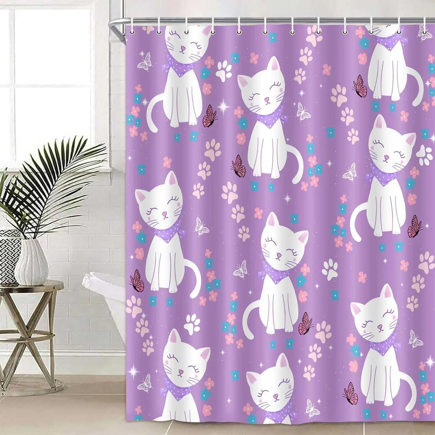 Set di tende da doccia per gatti divertenti per ragazze Tenda da bagno per gatti rosa simpatico cartone animato per bambini Set per bambini Adolescenti Bagno in tessuto con