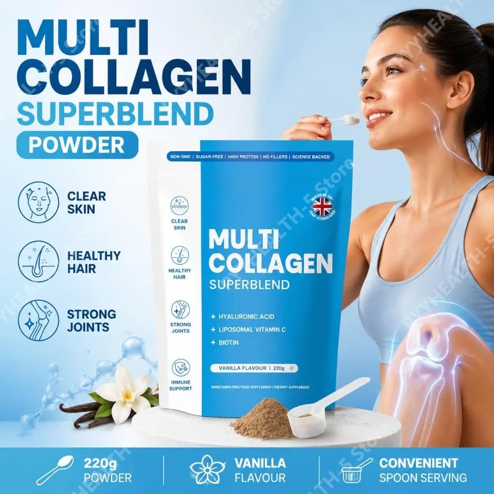 Multi Collagen Superblend Powder with Hyaluronic Acid, Liposomal Vitamin C and Biotin, Non-GMO Sugar-Free Vanilla Flavor 220g