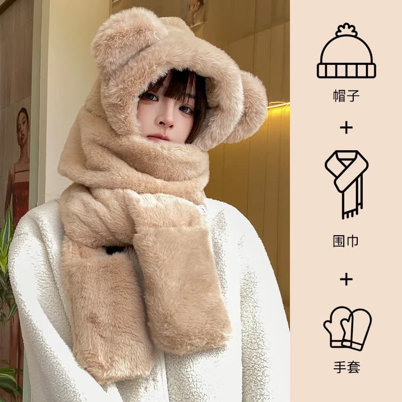 Women Winter Warm Hat Scarf Gloves 3 Piece Set Korean Thick Cute Bear Fleece Neck Warmer