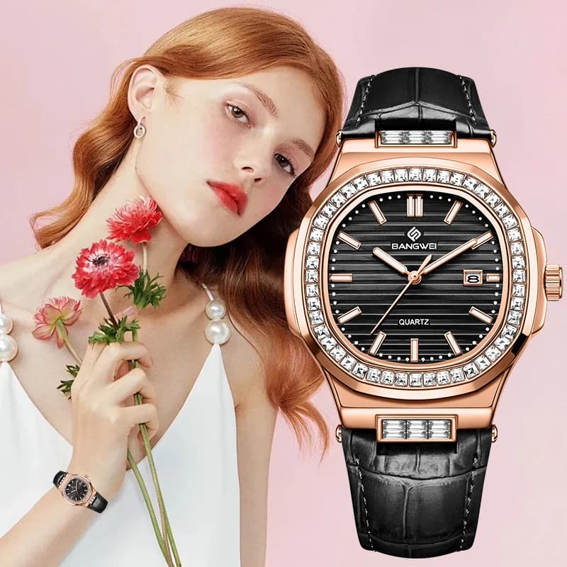 Orologio da Donna LIGE Bangwei, Semplice ed Elegante, al Quarzo, con Diamanti, Data Automatica, Impermeabile, Cinturino in Pelle, Casual e Sportivo, Regalo per Donne