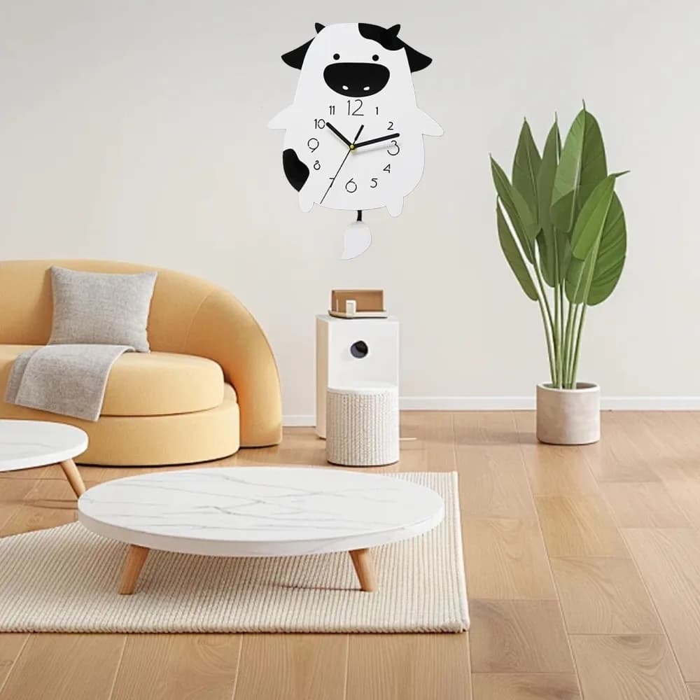 Cartoon Cow Acrylic Wall Clock Silent Movement 10.24X14.57in Decorative Wall Clock Swing Tail Pendulum Non-Ticking Design