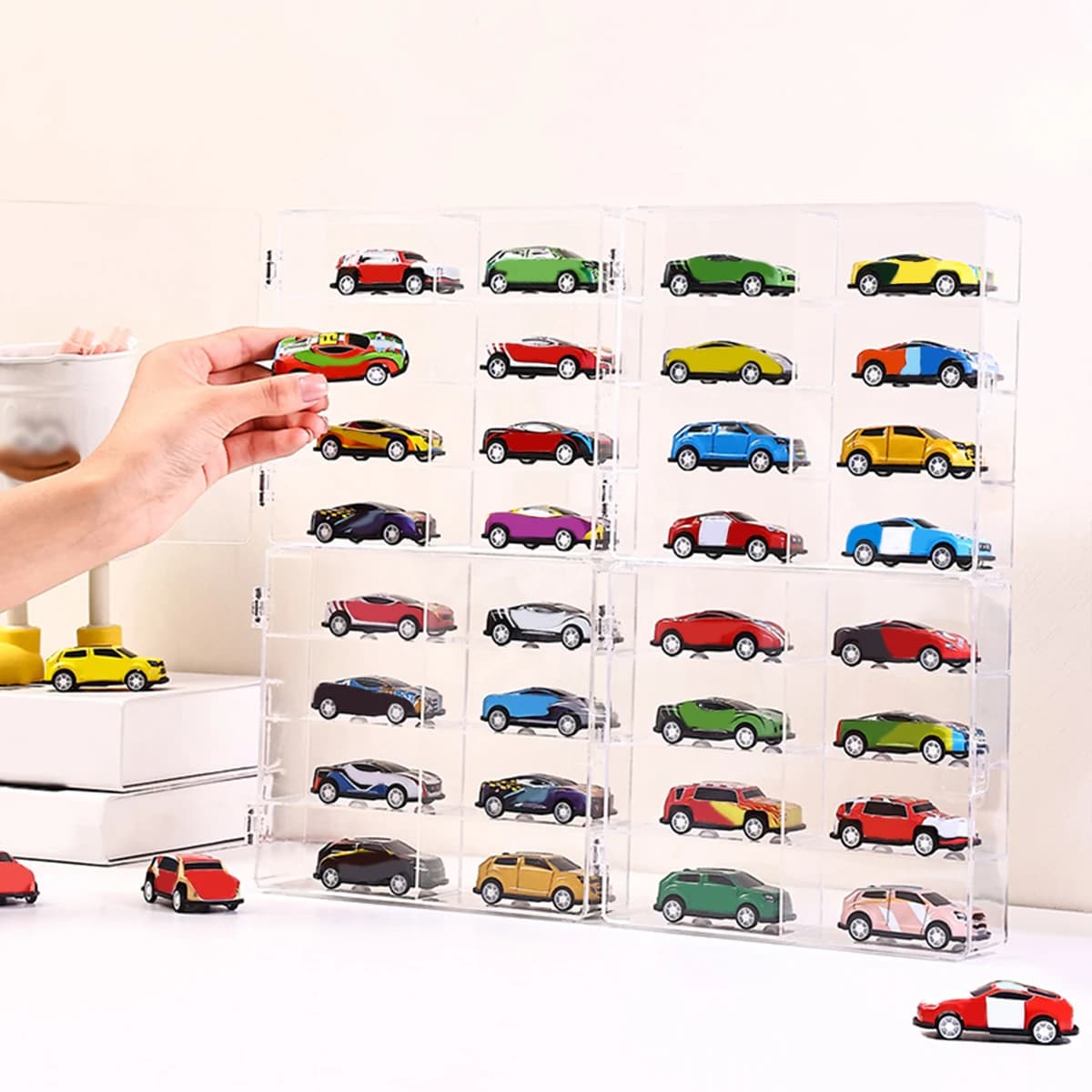 1 pz acrilico trasparente impilabile 1:64 modello di auto scatola di immagazzinaggio armadio giocattolo cremagliera accessori per capelli organizzatore di gioielli
