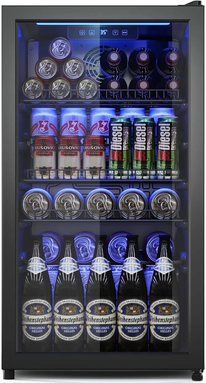 Mini Fridge with Glass Door, Adjustable Shelves & Digital Temperature Display, 130 Can, for Beverage, Wine, Beer