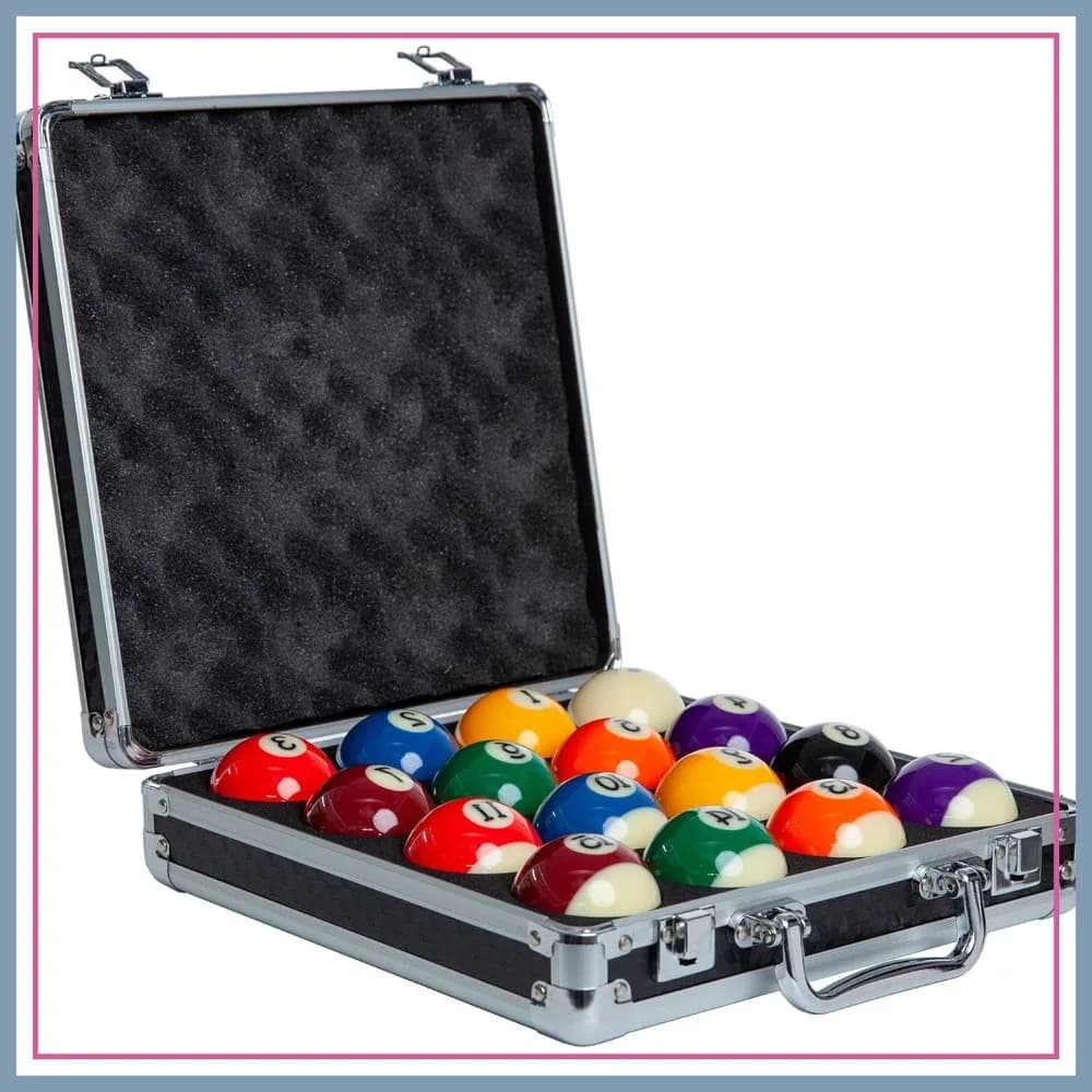 Set di 17 Palle da Biliardo Regolamentari, 2,25" 57,15mm, Multicolore con Palla Bianca, Custodia Nera e Argento