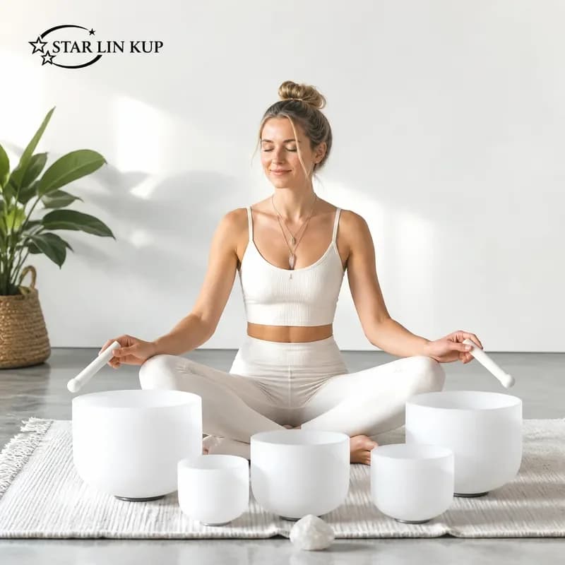 STAR LIN KUP 7pcs White Frosted Quartz Crystal Singing Bowl Set 6-12 Inch Perfect Pitch Chakra Sound Healing Yoga Meditation
