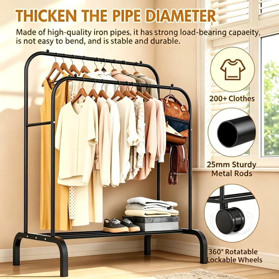 [Double Rod Clothes Hanger]Heavy-Duty Metal Double Rod Clothes Drying Rack, With Simple Design And Large Capacity, Easy To Assem