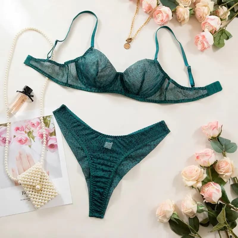 Set di 2 Pezzi Lingerie Donna, Reggiseno e Slip Ultra Sottili in Rete Traspirante, Kit Intimo Delicato con Anello in Acciaio e Push-Up