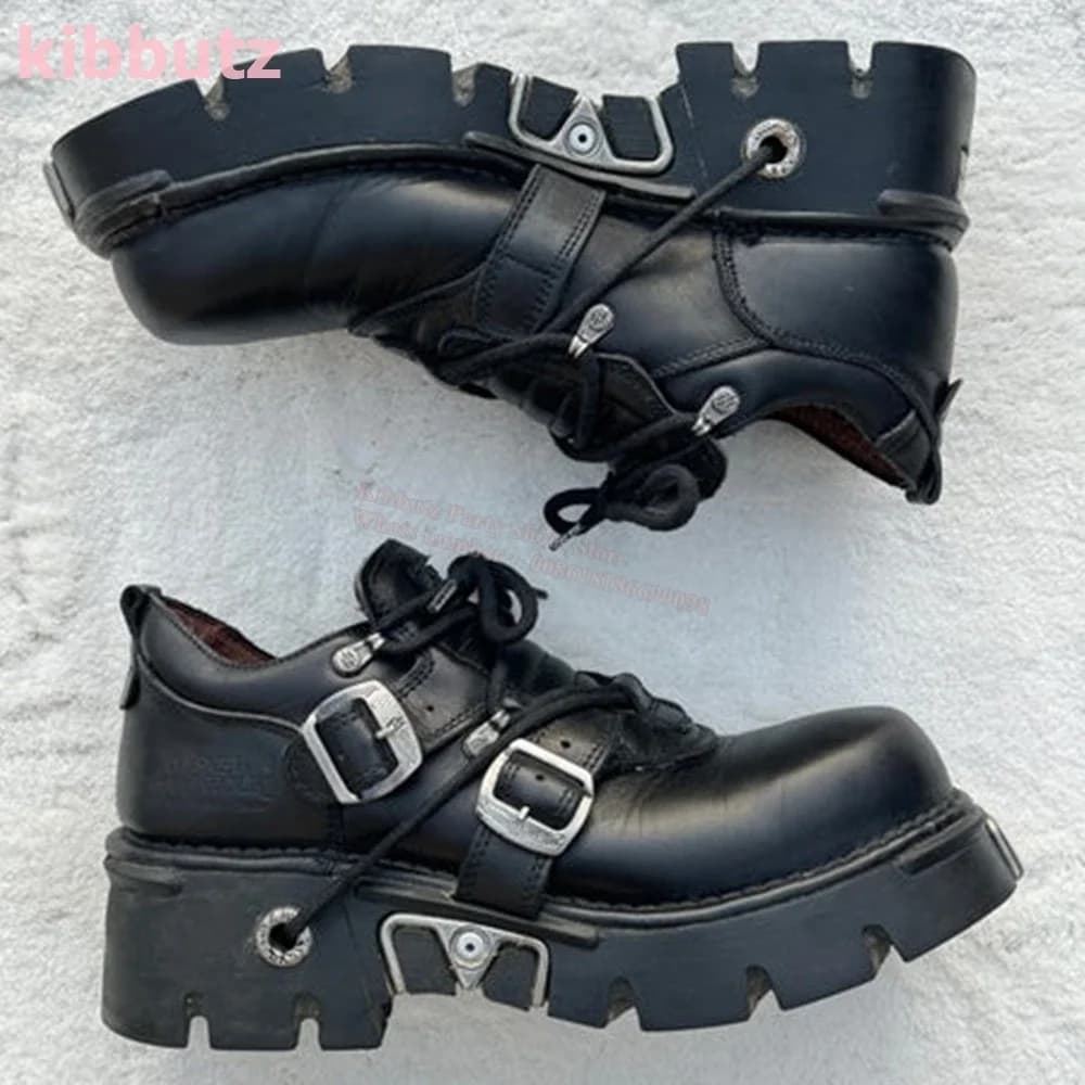 Punk Sneakers Platform Rock Gothic Dark Style Belt Buckle Round Toe Thick Bottom Lace-Up Novelty Y2k Shoes Fashion Concise New