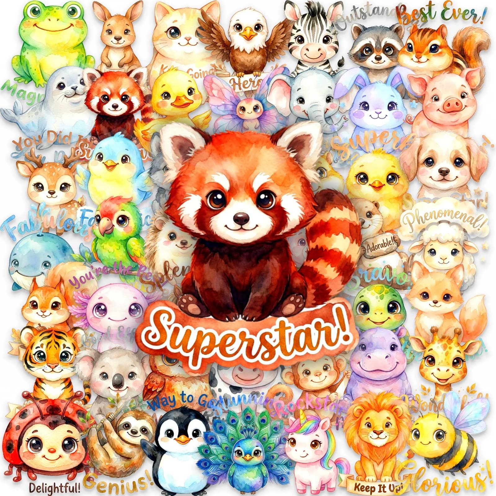 Set di 50 Adesivi Trasparenti con Slogan Ispirazionali per Animali Domestici, Stile Acquerello, Adesivi per Studenti, Decorazioni Fai-da-Te per Scrapbook e Telefono, Impermeabili