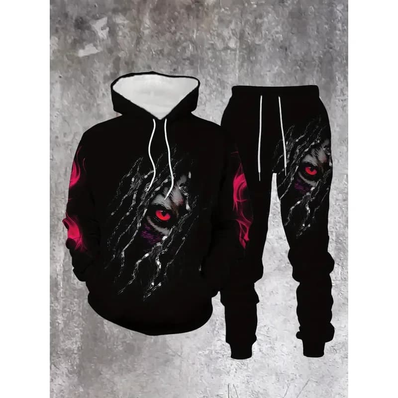 2026 Men 3D Tiger Print Hoodie Set Long Sleeve Sweatshirt Pants 2 Piece Tracksuit Trendy Streetwear Outdoor Casual Clothing