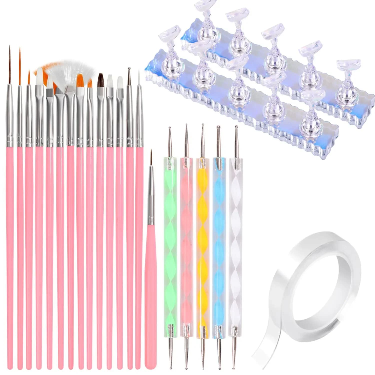 Kit per nail art da 23 pezzi, spazzole per unghie, penne punteggiate, espositore, nastro biadesivo, strumenti per manicure per il fai da te domestico e il salone