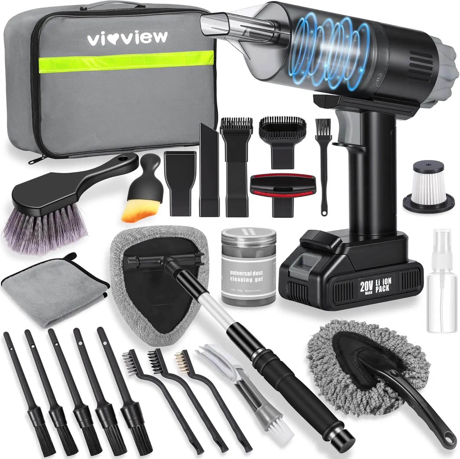 Kit di Pulizia Auto Senza Fili da 26 Pezzi con Aspirapolvere ad Alta Potenza, Portatile per Casa e Dettagli Auto
