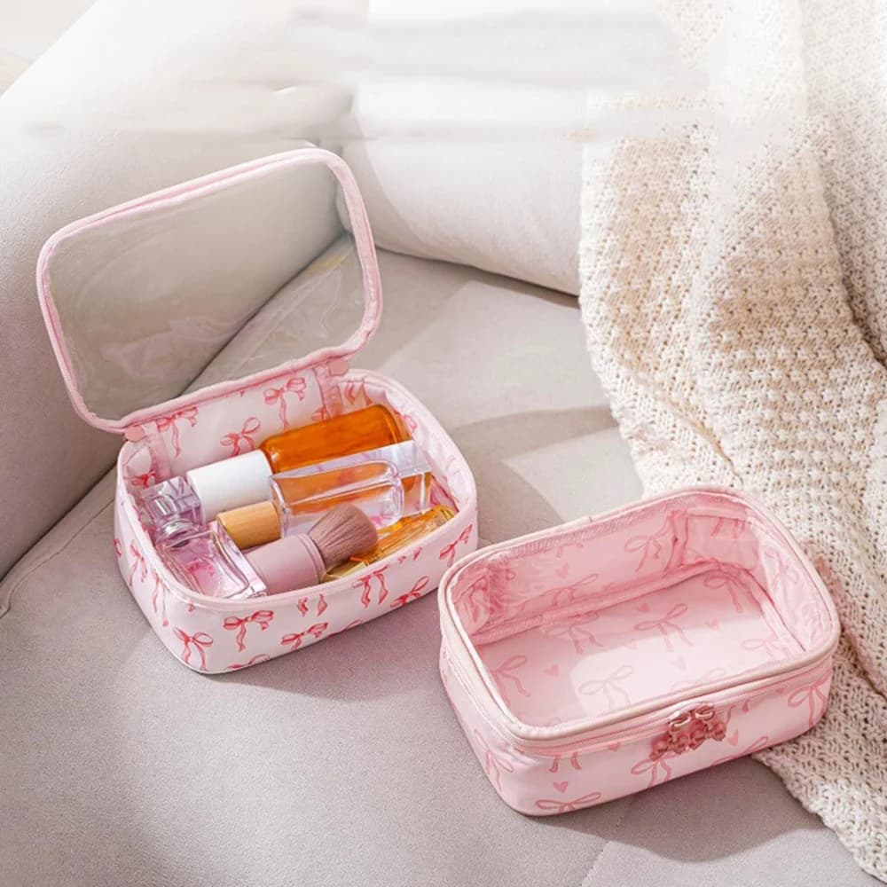 Clear PVC Bow Print Cosmetic Bag Waterproof Large Capacity Portable Travel Toiletry Organizer Cute Makeup Pouch for Women