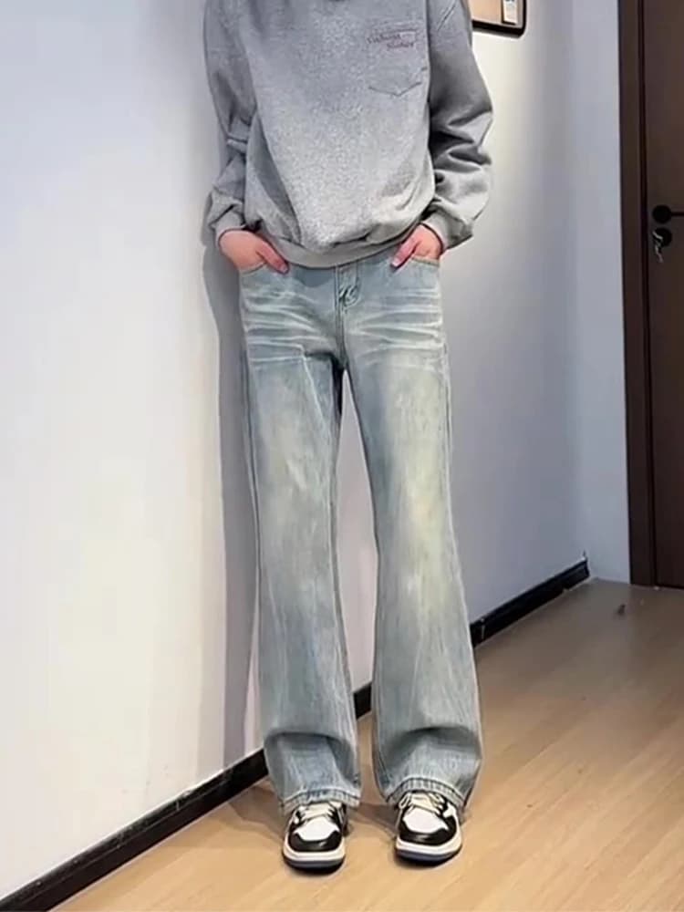 Jeans da Uomo a Vita Alta e Gamba Dritta con Motivo a Fulmine, Pantaloni Lunghi Casual da Strada per Autunno Inverno