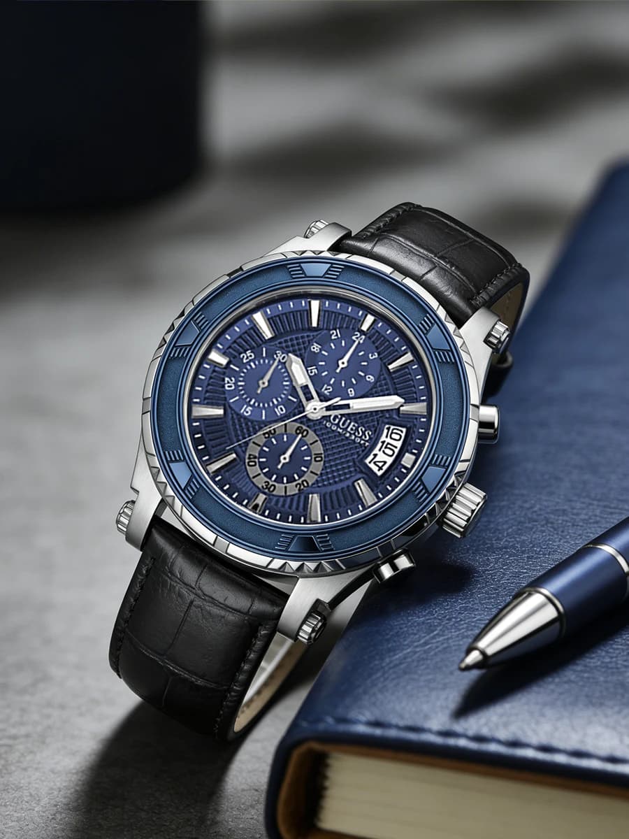 GUESS Men Watch Luxury Chronograph Quartz 10ATM Waterproof Leather Strap Blue Dial Business Party Gift For Boyfriend Father