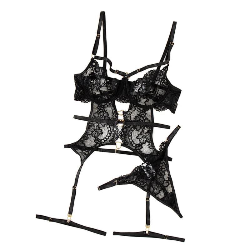 【HB】 Set di reggiseni sexy per biancheria intima trasparente in pizzo da donna e indumenti da notte per lingerie con giarrettiera