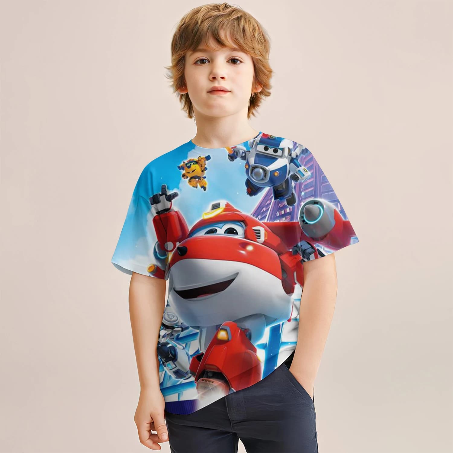 T-shirt per bambini Super Wings con stampa 3D di cartoni animati, abbigliamento per compleanno, tendenza alla moda, per feste casual per bambini