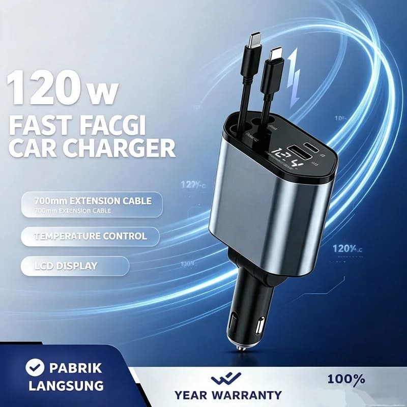 High‑Quality Multi‑Functional 120W Fast‑Charging Multi‑Port Car Charger,180° Rotatable Plug, Built‑in Type‑C & Lightning Cables