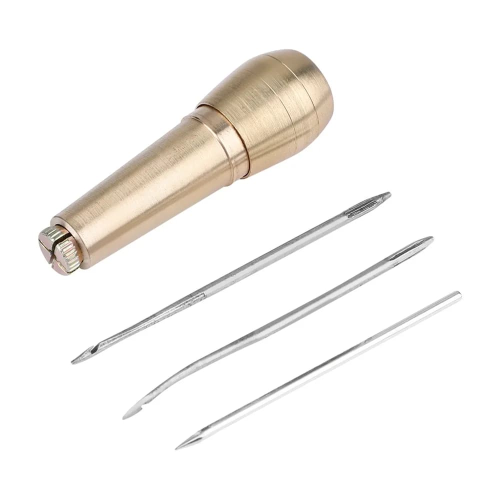 Copper Handle Copper Handle Sewing Awl 3 Needles Set Ergonomic Grip Hand Stitching Awl Leather Craft Needle Kit Leather Repair