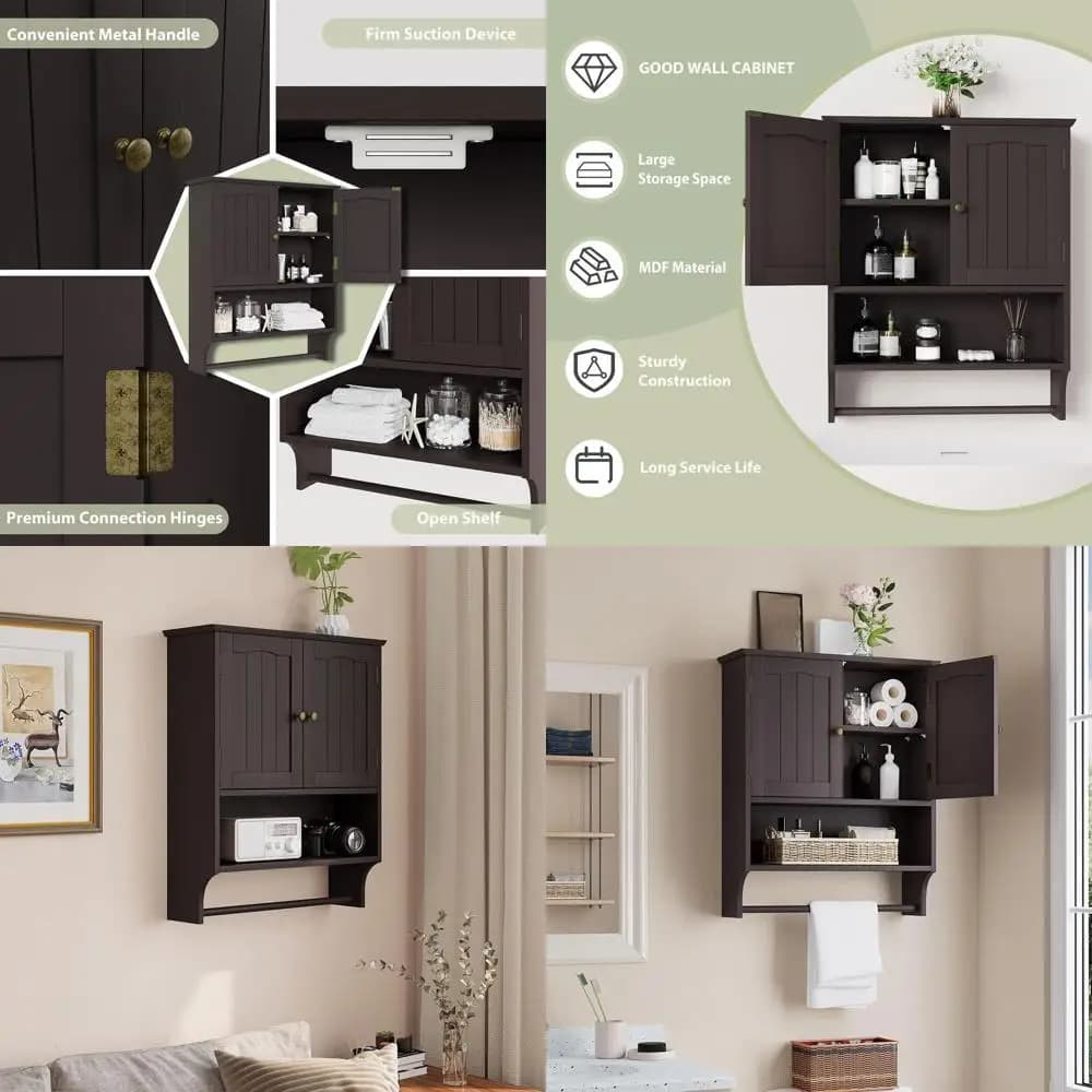 Armadietto Salvaspazio da Parete con Porta Asciugamani e Ripiani Regolabili per Bagno, Area Toilette o Cucina/Lavanderia