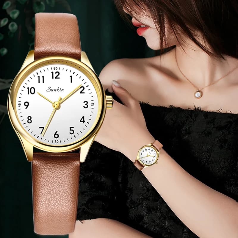 LIGE Sunkta Elegant Quartz Watches with Leather Strap for Women, Retro Style, Simple, Waterproof, Gift for Ladies
