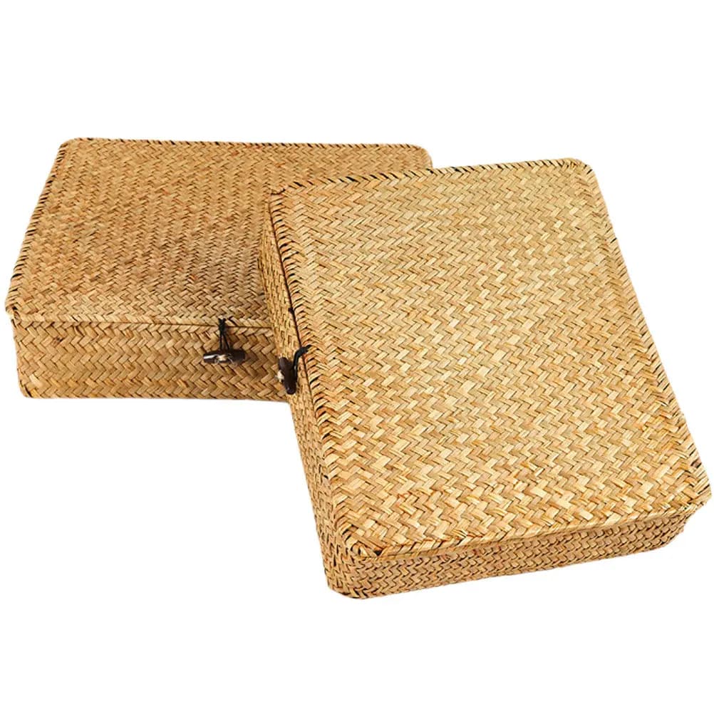Set di 2 Cesti Portaoggetti in Erba Marina Intrecciata con Coperchio, Design Robusto e Liscio, Organizer per Scaffali, Scrivanie e Tavoli, Decorazione Naturale