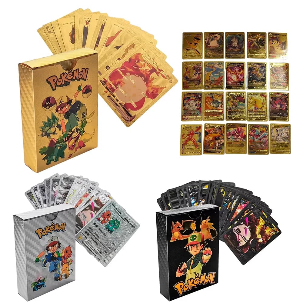 55 Carte Pokémon Vmax GX in Lamina d'Oro, Scatola Flash per Gioco Interattivo, Edizione Inglese e Spagnola, Collezione di Carte da Battaglia Colorate, Regalo