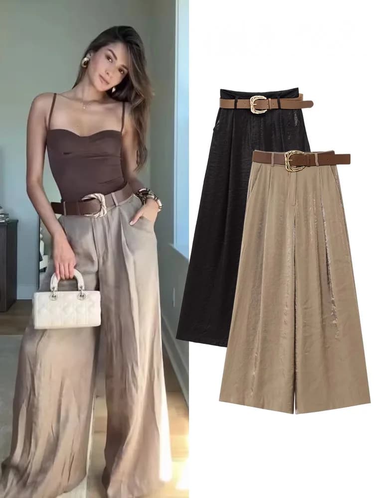 HH Cintura solida da donna di nuova moda Rughe decorano pantaloni larghi casual Pantaloni larghi sottili con tasca laterale con cerniera chic femminile