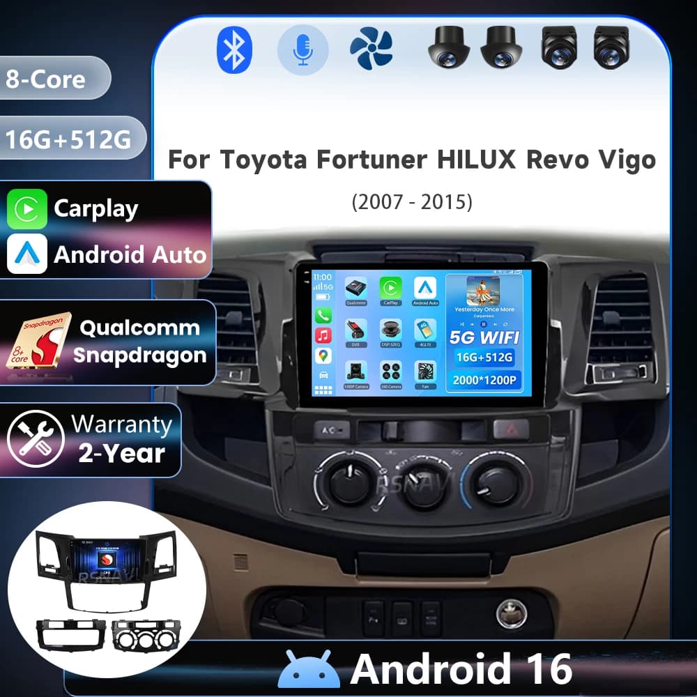 Qualcomm Plug and Play Android 16 For Toyota Fortuner Hilux Revo Vigo 2005 - 2007 Carplay 2K Car Radio Multimedia Player Stereo