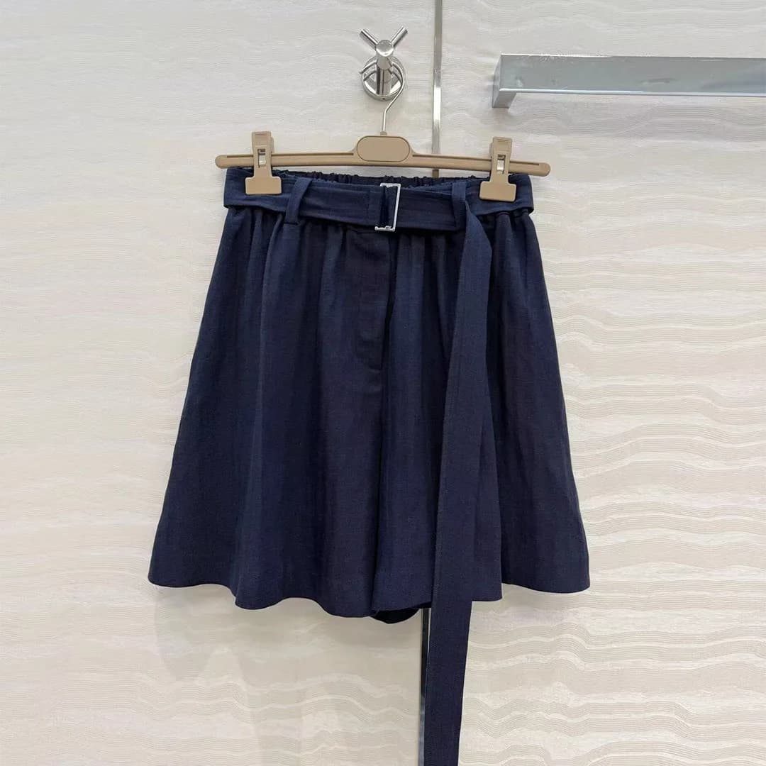 2026 New Autumn Old Money Style 50% Linen Skirt Shorts Women High Waist Belt Loose Casual Navy Color Shorts