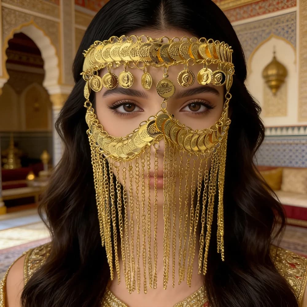 Luxury Golden Coin Face Chain Mask Multi-layer Tassel Engraved Coin Face Veil Traditional Arabic Bridal Wedding Head Accessory