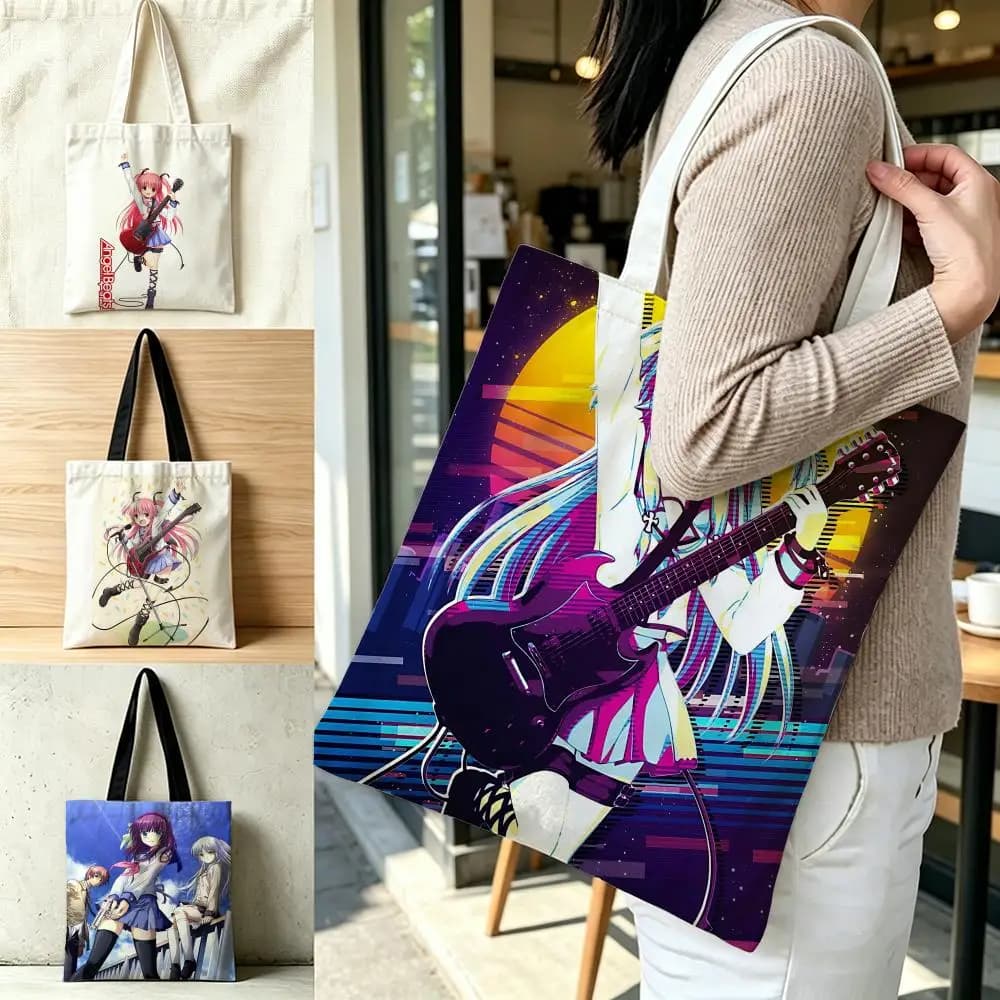 Anime Angel Beats! Storage Bags Polyester Canvas Foldable Tote Bag Lightweight Reusable Shopping Shoulder Bag