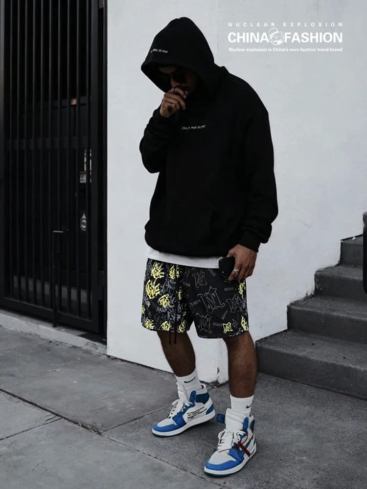 Nuclear Explosion Brand American Large Size Shorts Trendy Crown Ice Silk Loose Elastic Waist Five-Quarter Sports Pants for Men