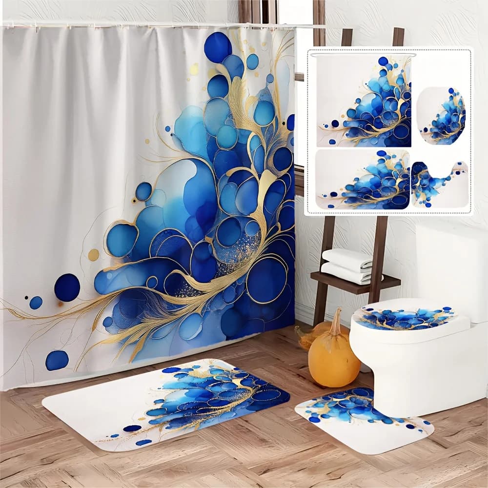 Set da bagno 4 pezzi con motivo artistico astratto blu e oro, inclusa tenda da doccia, tappetino da bagno, tappetino a U e tappetino da toilette.