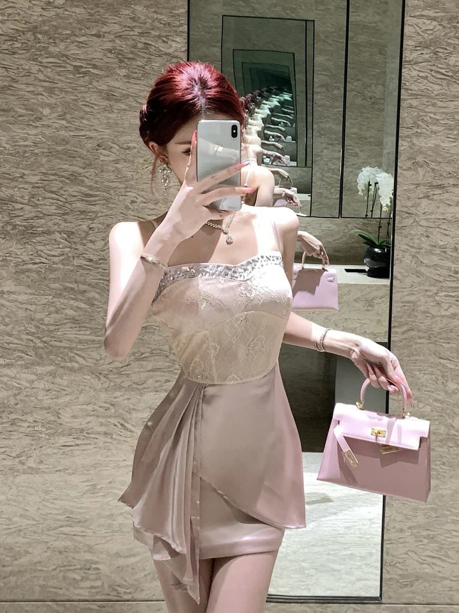 Elegant Sexy Lace Strap Dress Women's Summer Ball Gown Diamond Heat Transfer Bodycon Skirt mid Waist X Shape Single Piece