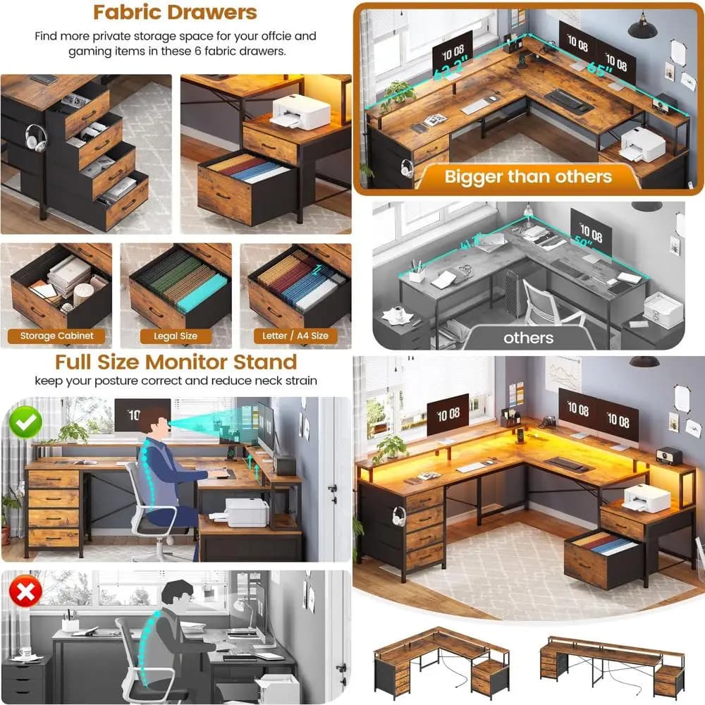 1.8 m L Office Desk with Cable Management, 108 Double Desk for Home Office, Monitor Support, Workplace for 2 Persons, LED Gaming