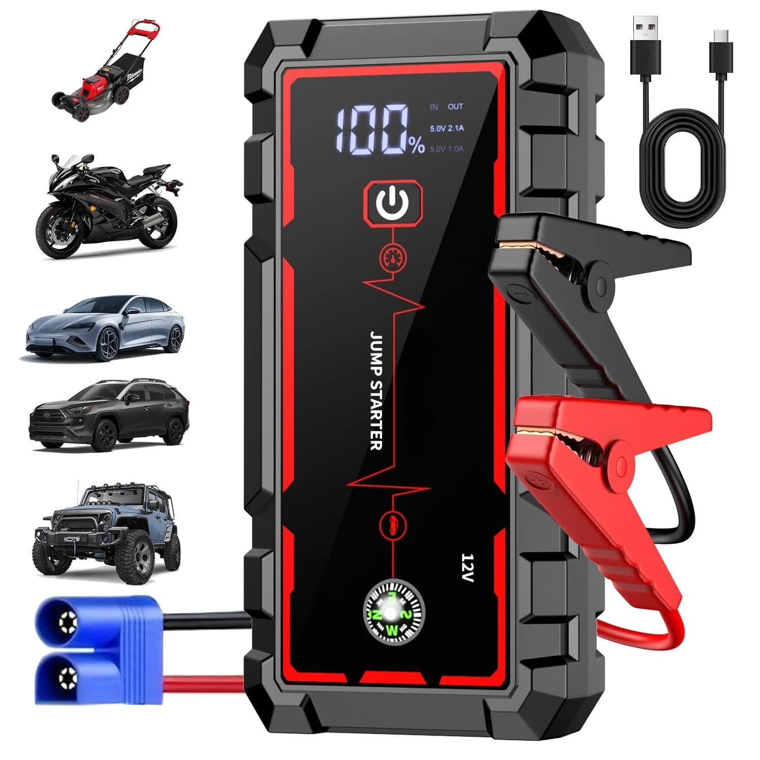 Portable Car Jump Starter 12V Auto Battery Booster 8000mAh Power Bank Emergency Starting Device Car Battery Charger with Smart Jumper Cables LCD Display LED Light for Cars SUVs Trucks