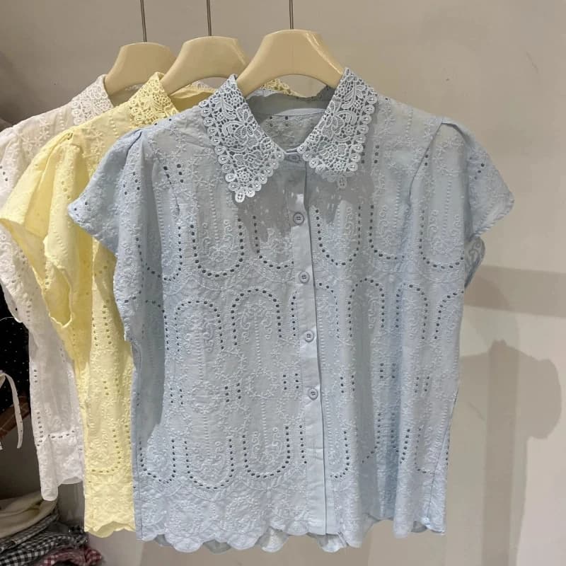 Camicetta Elegante Estiva con Ricamo Traforato e Collo a Polo, Abbigliamento Donna, Manica Corta, Tinta Unita, Pizzo, Moda Coreana per Ufficio