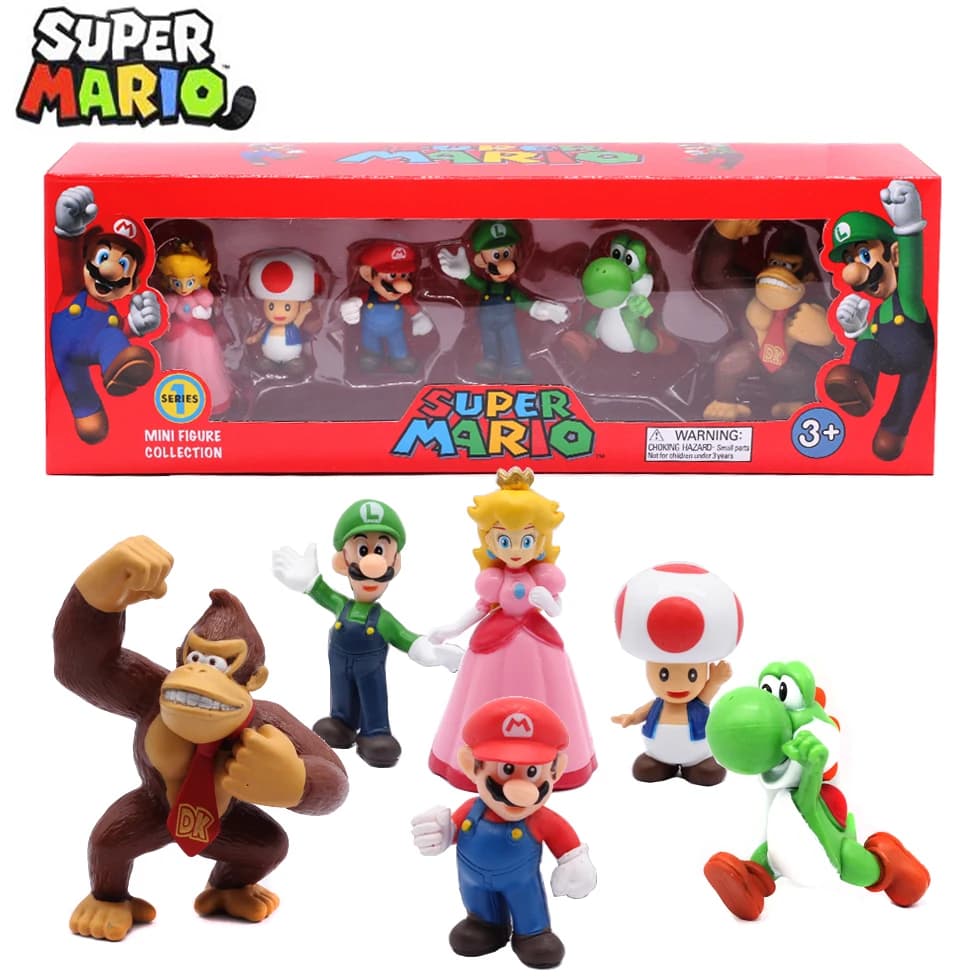 # Set di 6 Action Figure in PVC di Super Mario Bros, Modellini di Luigi, Yoshi, Donkey Kong e Fungo, Regalo di Compleanno per Bambini