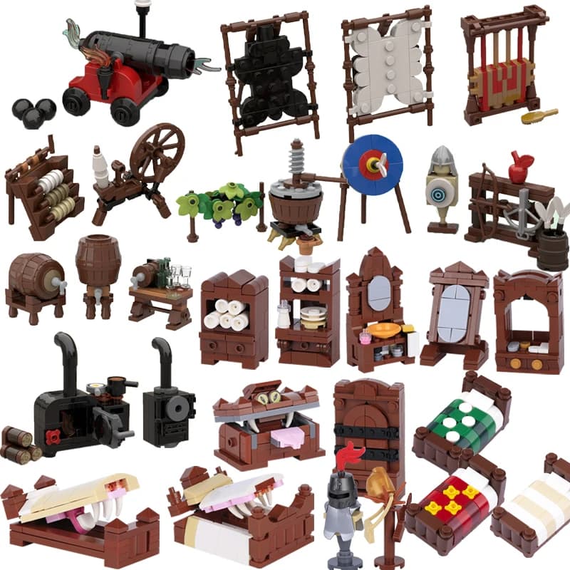 Medieval scene Building Blocks Castello Street View Winery Taverna Telaio Stufa Leather Stendino Shooting ground Cannone Mattoni Toys