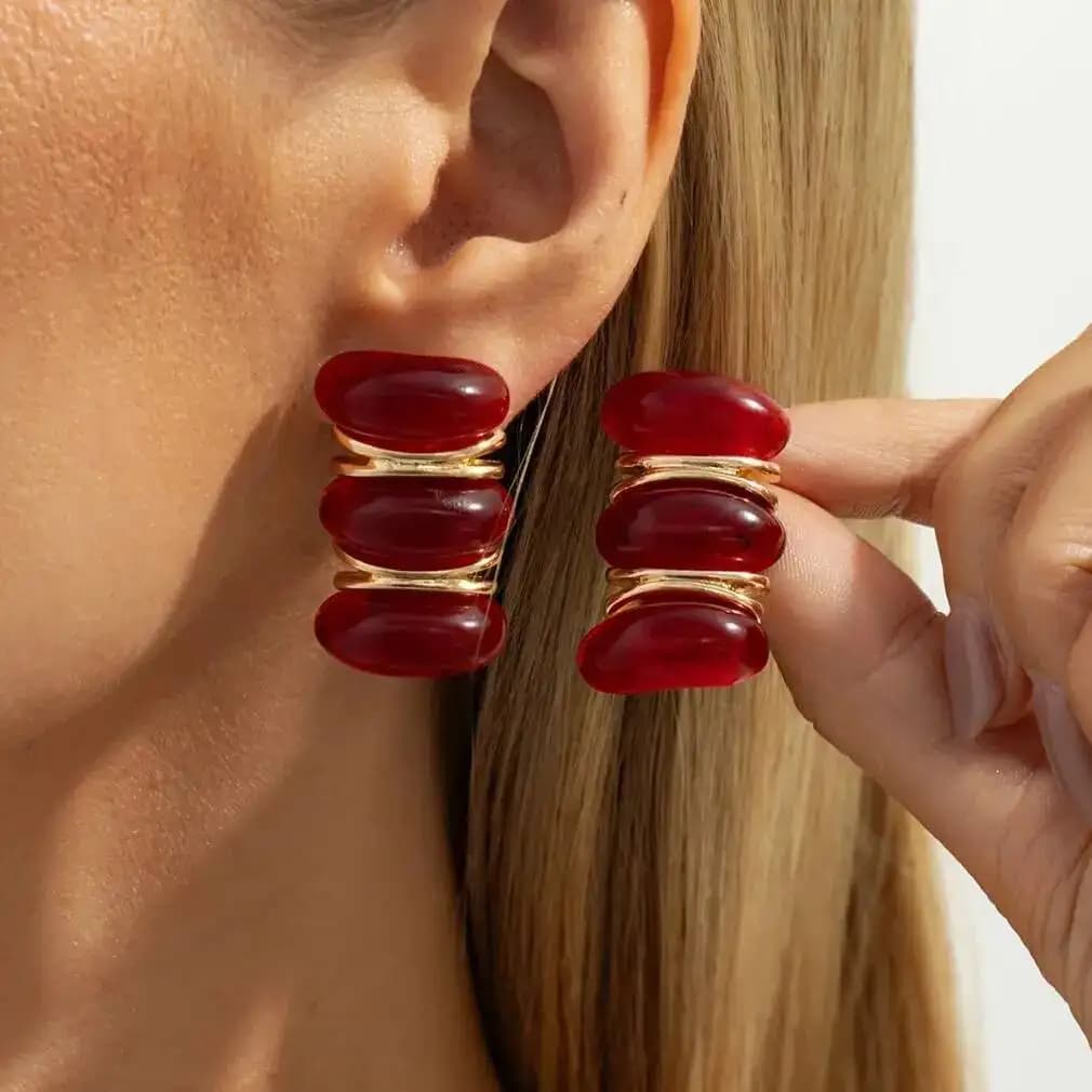SHIXIN Creative Red Resin Acrylic Stud Earrings for Women Retro Elliptical Geometric Piercing Earrings New Year Party Jewelry